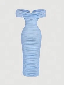 SHEIN MOD Vestido azul romántico de línea A con hombros descubiertos, volantes y floral - Celeste - Ver 2