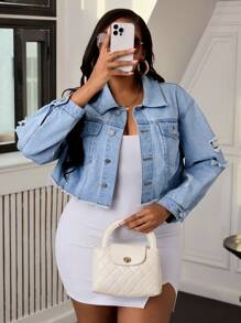 SHEIN SXY Plus Size Effen Kleur Knoop Voorkant Ruwe Zoom Versleten Casual Denim Jas Met Lange Mouwen