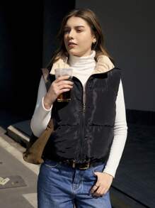 Jouncy 2 合 1 女式黑色和卡其色棉质加厚外套冬季衣服，可双面穿户外运动背心 - 黑色 - 查看 4
