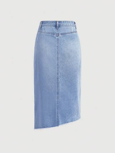 SHEIN MOD Women's Denim Skirt, Casual & Sexy Front Slit Asymmetrical Hemline, Blue