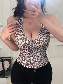 DAZY 女式豹纹修身背心，春夏，露背上衣，猎豹印花