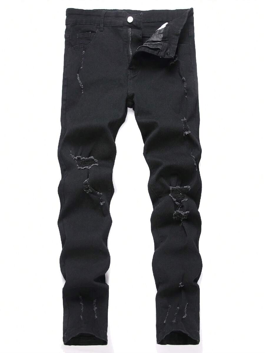 Manfinity LEGND 男式休闲纯色破洞紧身牛仔裤 - 黑色 - 查看 1
