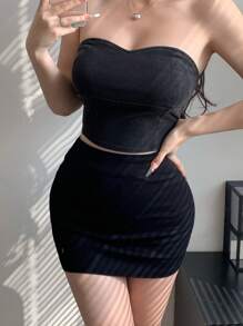 DAZY 女士时尚修身抹胸超短牛仔短款上衣 - 黑色 - 查看 4