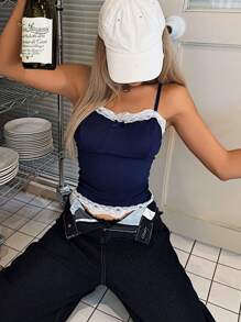 SHEIN EZwear 女士撞色蕾丝蝴蝶结装饰时尚吊带背心 - 藍色 - 查看 4