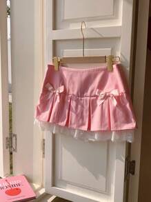 Comfortcana 女士撞色蕾丝蝴蝶结装饰百褶 A 字裙