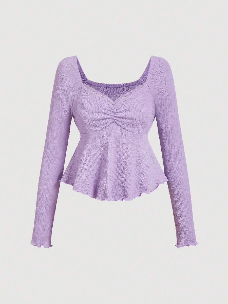 SHEIN MOD 方领蕾丝边长袖收胸喇叭下摆长袖浅紫色 T 恤