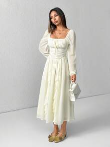 SHEIN PETITE 女式杏色荷叶边灯笼袖连衣裙、女士春季连衣裙、法式风格、万圣节服装、秋季婚礼宾客连衣裙、文艺复兴时期连衣裙、返校节连衣裙、春季婚礼宾客连衣裙、女士秋季连衣裙、舞会连衣裙 - 白色 - 查看 3
