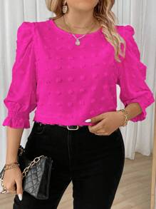 EMERY ROSE Plus Size Casual Commuter Solid Color Puff Sleeve Blouse - Hot Pink - View 5
