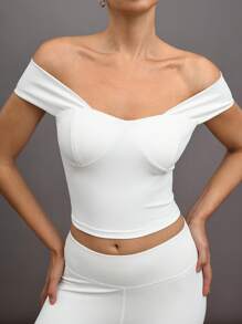 Activina Camiseta deportiva de mujer ajustada de un hombro sin mangas de unicolor con rayas antideslizantes - Blanco - Ver 3