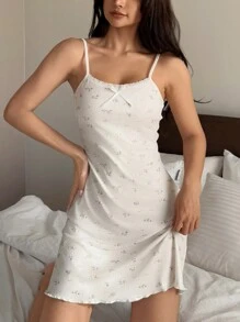 DAZY Sleeveless Ditsy Floral Short Women's Nightgown, White Sleep Dress Pajama - Beige - View 6