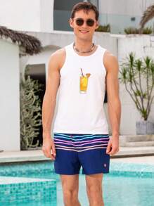 Manfinity Swimmode Men's Striped Drawstring Waist Beach Shorts, Suitable For Pool & Vacation, Summer - Navy Blue - View 3