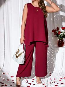 EMERY ROSE Bộ 2 chiếc áo cánh và quần dài không tay cổ tròn màu trơn cỡ lớn, ngày lễ tình nhân, mùa xuân/hè, trang phục mùa hè cho phụ nữ/mùa hè, trang phục thanh lịch cho phụ nữ - Màu Đỏ Sâu - Xem 4