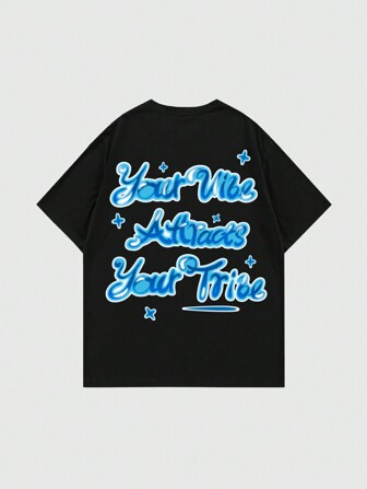 Street Life T-shirt décontracté à col rond à manches courtes avec impression de slogan pour hommes