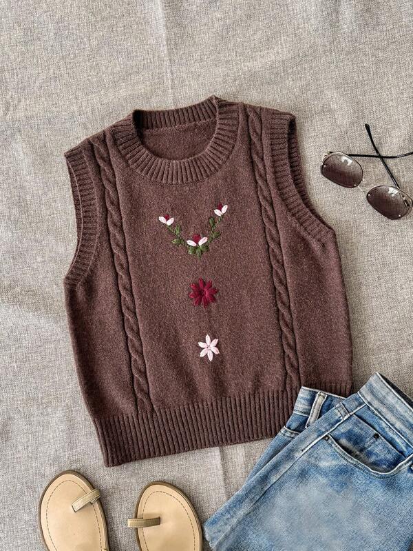 SHEIN Unity Women's New Beige Floral Embroidery Retro Chic Romantic Versatile Crew Neck Cropped Sleeveless Knitted Vest Cardigan