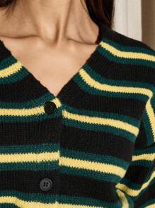 AiiRZ Striped Knit Button-Down Cardigan V-Neck Cropped Sweater Fashion Casual Fall Winter Collegiate Style Loungewear