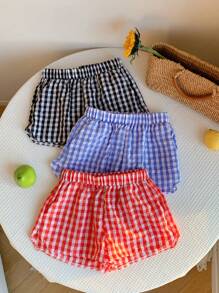 Comfortcana Shorts Casuais Soltos com Cintura Elástica e Estampa Xadrez Femininos - Multicolorido - Visão 3