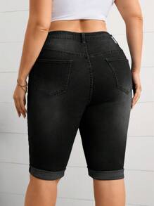 Firerie 大码前扣口袋休闲修身牛仔短裤 - 黑色 - 查看 2