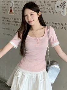 DAZY 女士圆领拼接休闲 T 恤 夏季 - 淺粉色 - 查看 3