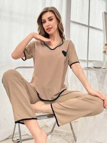 卡其色心形印花女式休闲家居服套装 - 卡其色 - 查看 6