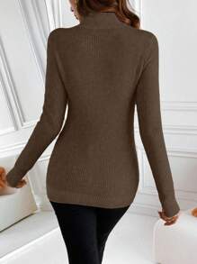 Chiquease Solid Color Casual Turtleneck Long Sleeve Pullover Sweater Knit Pullover Fall Winter Outfit - Brown - View 2