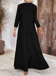 EMERY ROSE Women's Contrast Lace V-Neck Long Sleeve Casual Long Dress