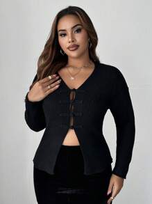 Celure Plus Size Women Solid Color V-Neck Tie Long Sleeve Casual Knitted Cardigan