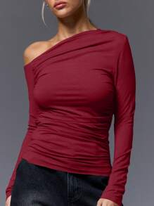MUSERA Asymmetrical Neck Ruched Long Sleeve Top Casual - Burgundy - View 5