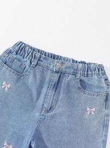 SHEIN Tween Girls Sweet & Cute Collegiate Style Pink Bow Embroidered Loose Comfortable Casual Wide Leg Jeans