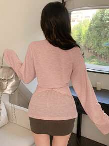 DAZY 女式束腰修身交叉扭纹T恤长袖女式上衣 - 粉色 - 查看 5