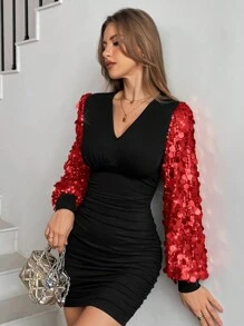 SHEIN Essnce Women V Neck Patchwork Long Sleeve Sequin Decorated Short Mini Dress