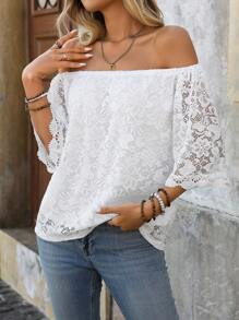 Breezaya Women's Fashion Loose Off Shoulder Lace Blouse - White - View 3
