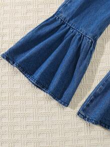 SHEIN 2pcs/Set Cute Girl Ruffle-Trim Fitted Bow-Knot Lace Patchwork Pleated Washed Denim Suit, Suitable For Daily Outings