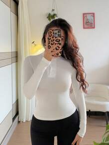 Chiquease Sexy High Neck Half-Open Long Sleeve Fitted Plain Knit White T-Shirt, Versatile For Autumn/Winter