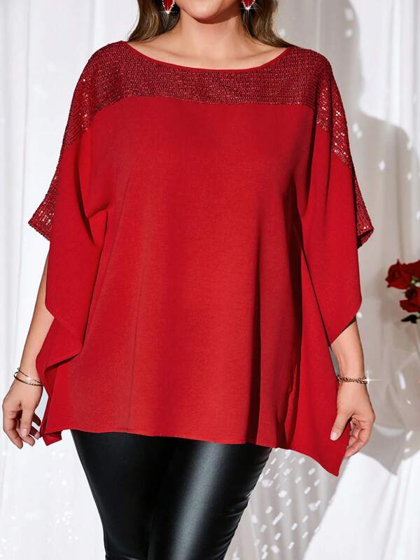 EMERY ROSE Plus Size Round Neck Sequin Decor Minimalist Shirt, Casual Everyday Wear,Valentine's Day,Spring/Summer