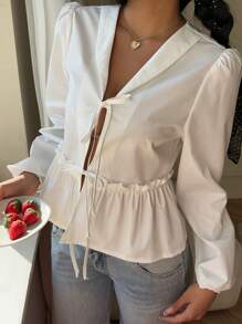 TrendSteals 女士纯色系带荷叶边长袖衬衫 - 白色 - 查看 6