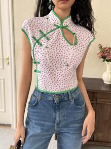 EastFlair Blusa informal con estilo nacional, de color y estampado de flores diminutas, de moda para llevar a diario