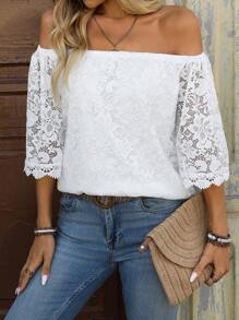 Breezaya Women's Fashion Loose Off Shoulder Lace Blouse - White - View 1