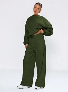 MUSERA Drawstring Waist Wide Leg Sweatpants Vacation  Thanksgiving - Khaki - View 5