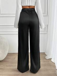 EURMUSE Women Solid Color Wide Leg Satin Fabric Pants - Black - View 2