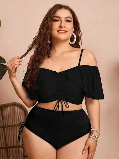 Swim Lushoire Conjunto de 2 piezas de bikini de talla grande para mujer de unicolor con tirantes de espagueti, hombros descubiertos, volantes y cordón - Elegante y estiloso para vacaciones informales