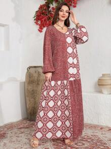 Lacomfia Vestido estampado de manga larga con escote en V y parche, de estilo árabe, modesto - Multicolor - Ver 3