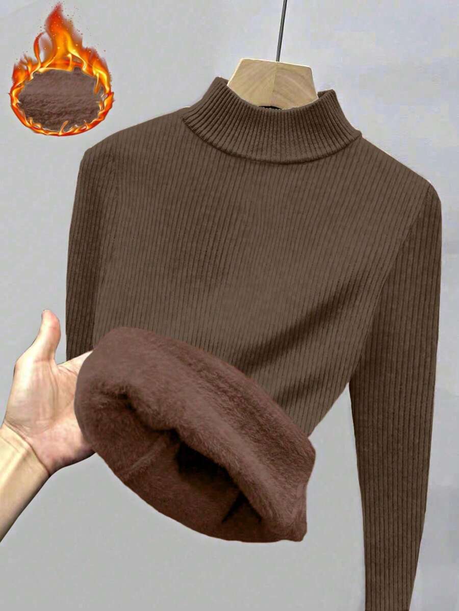 Chiquease Solid Color Casual Turtleneck Long Sleeve Pullover Sweater Knit Pullover Fall Winter Outfit - Brown - View 1