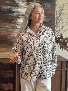 DAZY 豹纹图案休闲宽松翻领女式衬衫，秋季长袖上衣 - 米色 - 查看 5