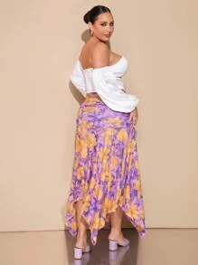 SHEIN BAE Falda maxi con estampado floral asimétrico y abertura para mujer talla grande, para el verano