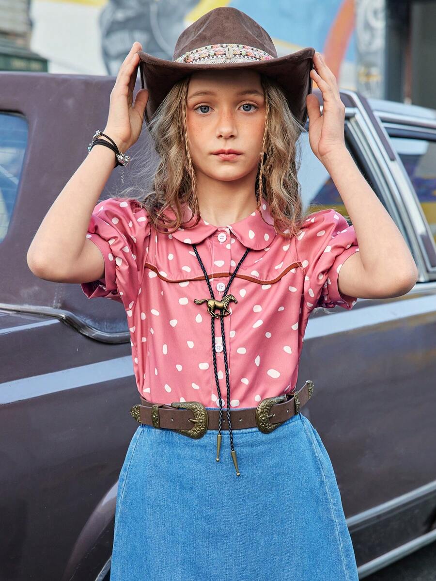 SHEIN Tween Girls 不对称圆点印花拼接泡泡袖衬衫，时尚舒适，适合日常穿着、外出和社交聚会，2025 年春夏新品 - 藕粉色 - 查看 1