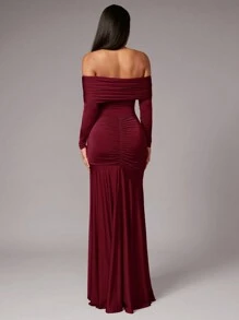 Silquee 女士优雅派对长袖性感高领露背露肩连衣裙，开衩设计，红色，弹力针织面料，适合鸡尾酒会、浪漫约会、秋冬打底连衣裙、正式聚会、婚礼、伴娘、联欢会、万圣节、圣诞节 - 酒紅色 - 查看 4