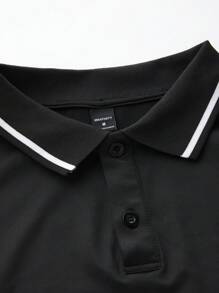 Manfinity Sport Corelite 男式纯色拼布前扣门襟长袖印花休闲 Polo 衫 - 黑色 - 查看 5