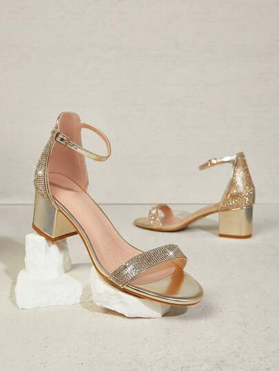 SHUZIA 畅销女士水钻装饰露趾粗跟水钻浅金色派对凉鞋 - 奢华魅力、闪亮优雅的春季鞋