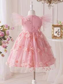 SHEIN DRMZ Young Girl 3D Rose Floral Print Ruffle Sleeve Mesh A-Line Cake Dress, Ramandan Style Matching Family Vacation, Cute & Elegant & Fashionable, Partywear, Birthday, Gorgeous Princess, Mom And Daughter & Sisters Matching.Spring Summer. - Pink - View 5