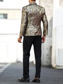 Manfinity Mode 男士简约翻领长袖口袋衬衫长裤两件套西装套装，巴洛克风格烫金压花男士西装外套，适合老公出席婚礼、晚宴、舞会 - 金色 - 查看 2